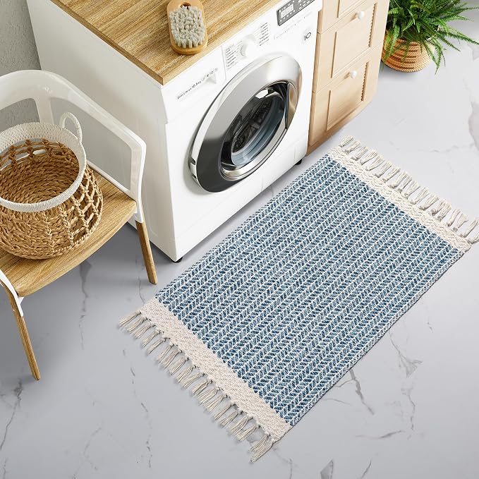 Lahome Boho Bathroom Rugs, Small 2x3 Front Door Mat for Kitchen, Washable | Indoor Entryway Area Rug Woven Cotton with Tassels, Farmhouse Non Shedding Blue Throw Low Pile Carpet for Bath Entry Laundry
