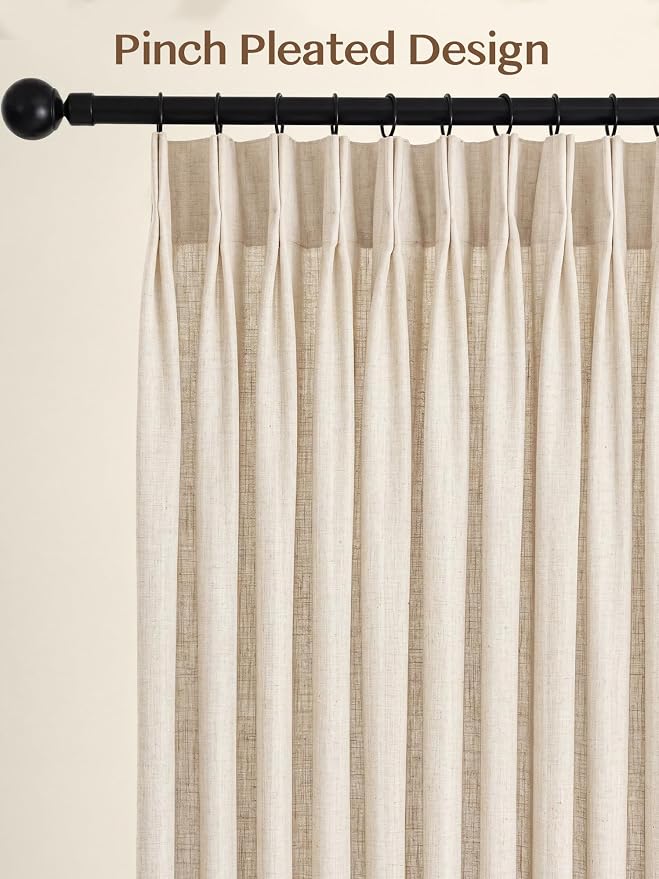 Liz Pinch Pleated Linen Curtains 72 Inches Long - Light Filtering Curtains for Living Room, Semi Sheer Window Curtains for Bedroom, Luxury Pinch Pleated Drapes with Hooks, Natural, 2 Panels Set