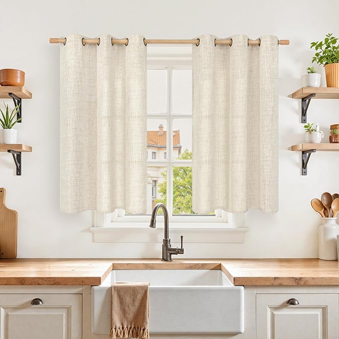 YoungsTex Linen Kitchen Window Curtains 40 Inch Length 2 Panels | Short Semi Sheer Drapes Light Filtering with Bronze Grommet Rustic for Bathroom Small Windows, 42 x 40 Inch