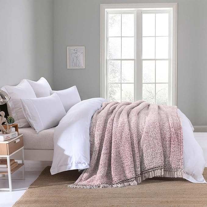 Ultra Soft Fleece Sherpa Blanket King Size,Lightweight Cozy Boho Bed Blanket with Decorative Tassel, Pattern Reversible, 2 Tones Ombre Dusty Pink,104”x90”
