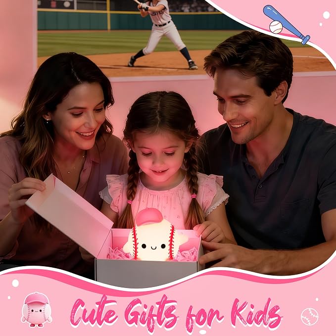 Attivolife Softball Night Light for Girls, Silicone LED Touch Lamp Rechargeable Nursery Bedroom Bedside Decor, Birthday Valentine's Day Gifts for Kid Girl Women Sport Lover