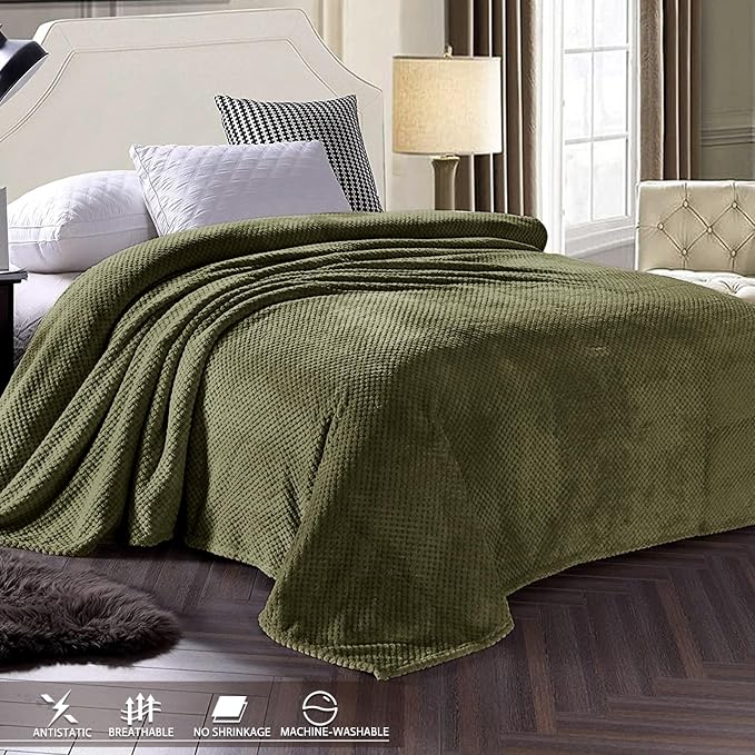 Exclusivo Mezcla Soft Waffle Fleece Bed Blanket King Size, Olive | Lightweight Plush Blanket for Bed, Bedroom, Cozy Flannel with Waffle Texture, Stylish Home Decor, All Season, 104x90 Inches