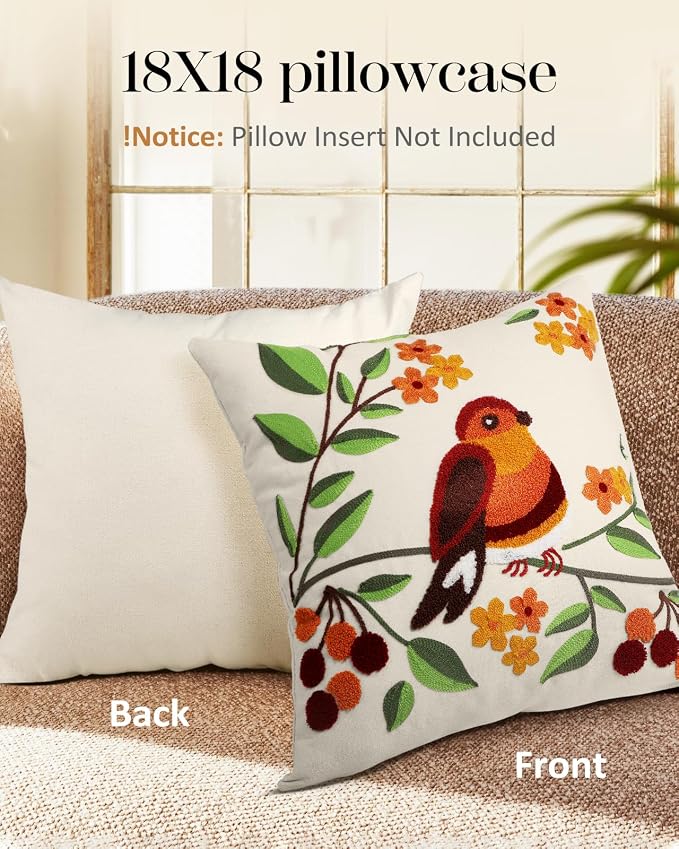 Embroidered Throw Pillow Cover - 18x18 Decorative Pillow Cover with Zipper Aesthetic Cute Design Boho Spring Summer Throw Pillowcase for Living Room Couch Sofa Bed, Tree Bird