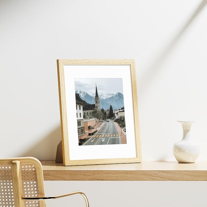 Vittanly 11x14 Picture Frames Set of 9, Shatter Resistant Plexiglass, Display 8x10 Pictures with Mat or 11x14 without Mat, Photo Frames for Wall or Tabletop, Engineered Wood, OAK | Display Pictures 8x10 with Mat or 11x14 without Mat, Engineered Wood wi...