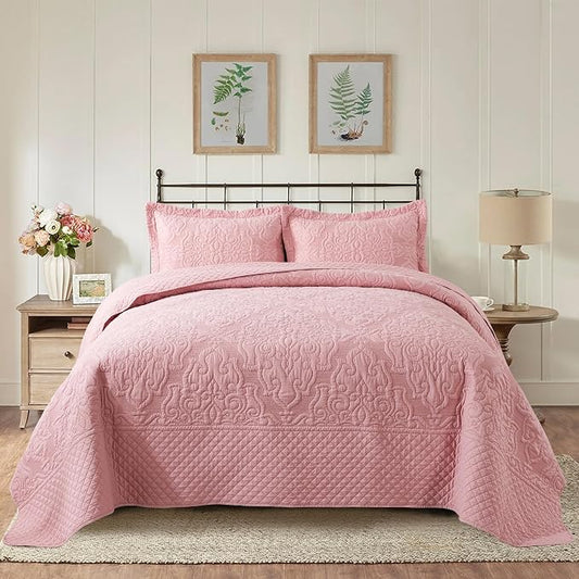 NEWLAKE Quilt Bedspread Set, Pink Jacquard Embossed Floral Pattern Reversible Embroidered Microfiber Coverlet Sets, Queen Size