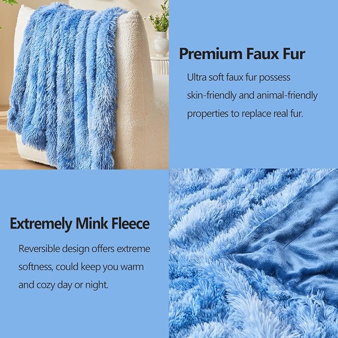 GONAAP Fuzzy Faux Fur Throw Blanket for Couch, Indigo, 50"x60" | Warm Cozy Plush Shaggy Decorative Reversible Thick Non-Heated Fleece Blanket for Sofa Bed, Gift for Women Men, All Season Use