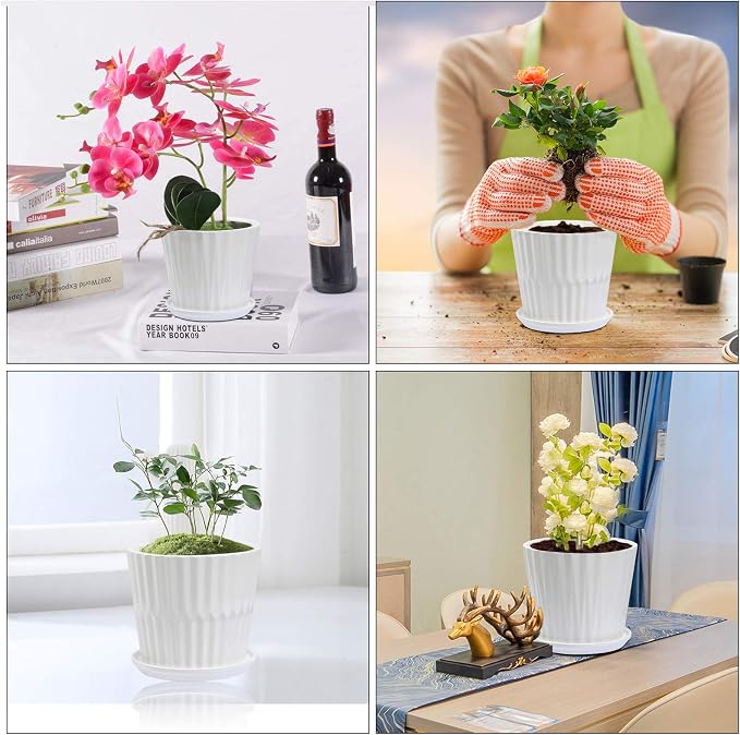 sietpoek 6.7” Ceramic Plant Pots with Drainage and Saucer 2PCs White | White Ceramic Flower Pots with Drainage Hole and Saucer, Decorative Planter for Indoor Outdoor Garden Plants Succulen