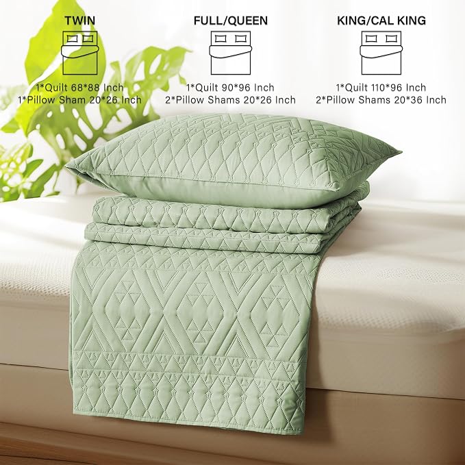 akkialla Twin Size Quilt Bedding Set,Sage Green Lightweight Microfiber Soft Bedspreads,Modern Style Geoetric Pattern Coverlet Set for All Seasons,2 Piece(1 Quilt,1Pillow Sham)