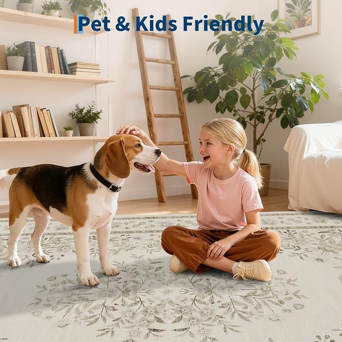 GarveeHome 4ft Round Rug for Bedroom Leaf Flower Bordered Floor Carpets | Vintage Floral Throw Rugs for Nursery Room Machine Washable Non-Slip Low Pile Beige Botanical Area Rug for Laundry Dining
