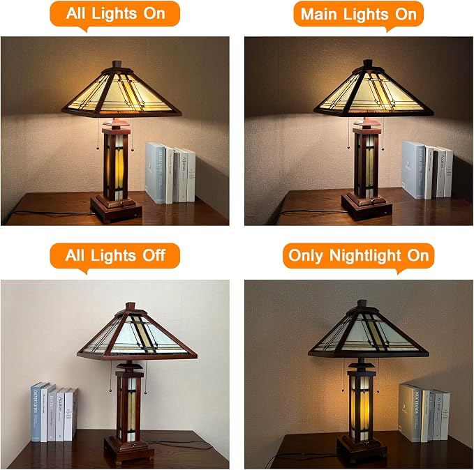 Capulina Tiffany Lamp Wooden Base Cream Stained Glass Table Lamp 3-Light
