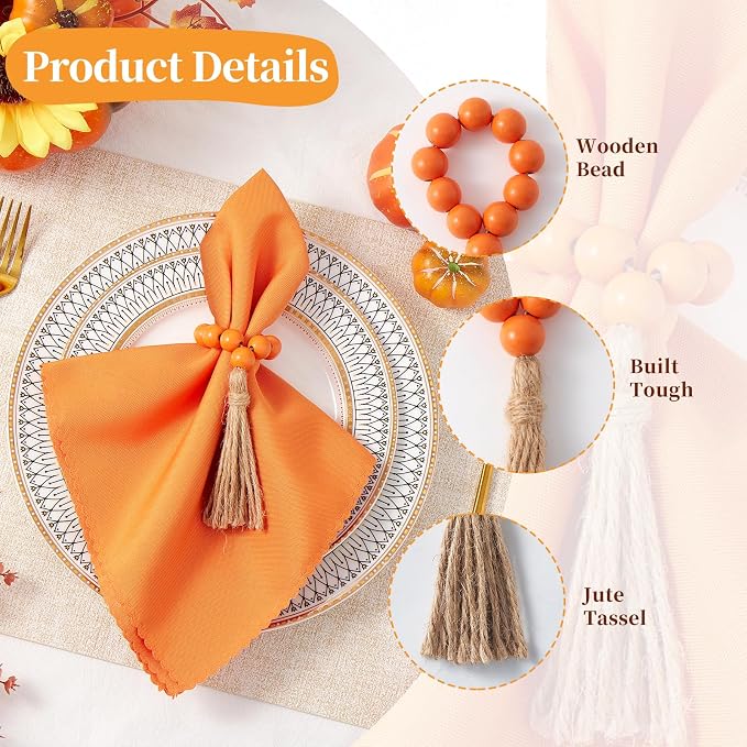 APTWOW Napkin Rings Set of 12, Wood Bead Napkin Rings for Fall Table Decor | Wooden, Orange, Fall Thanksgiving Napkins Rings, Easter Farmhouse Banquet,Wedding, Holiday Dinner Party, Christmas