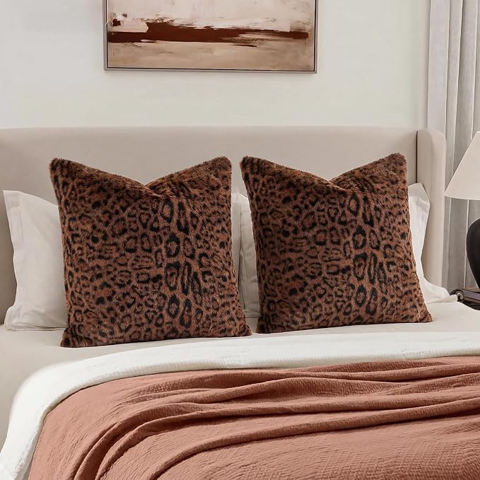 cygnus Dark Brown Leopard Pillow Covers | Soft Faux Fur Cheetah Print Pillowcase 18x18 inch, Animal Decorative Throw Pillow Covers for Couch Sofa Bedroom