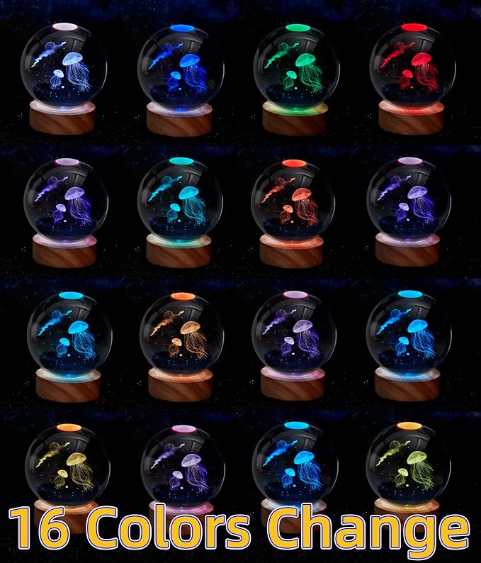 3D Jellyfish Crystal Ball Lamp, 3.15 Inch Jellyfish Crystal Ball Night Light with 16 Colors LED Wooden Base, Remote Control, Gift Box Packaging, Home Decor Gift for Friends