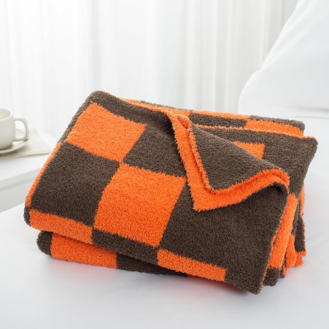Carriediosa Checkered Throw Blanket 50x60, 400GSM Ultra Soft Microfiber | Orange, Fuzzy Fluffy Cozy Plush Knit Knitted Plaid Checker, Lightweight Cute Preppy Fall Blankets & Throws for Couch, Bed