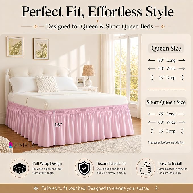Dusty Pink Bed Skirt Queen Size 15" Drop, Elastic Wrap Around Bedskirt | Solid Ruffled, Easy to Use, No Mattress Lifting, Wrinkle & Fade Resistant, with Adhesive Strips, Machine Wash/Dry/Iron