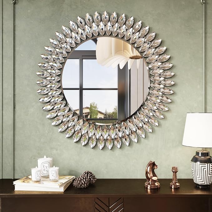 Kelly Miller 26" Jeweled Luxury Round Decorative Wall Mirror | Elegant diamond beveled vanity mirror. Perfect wall mirror for living room, bedroom, entryway.