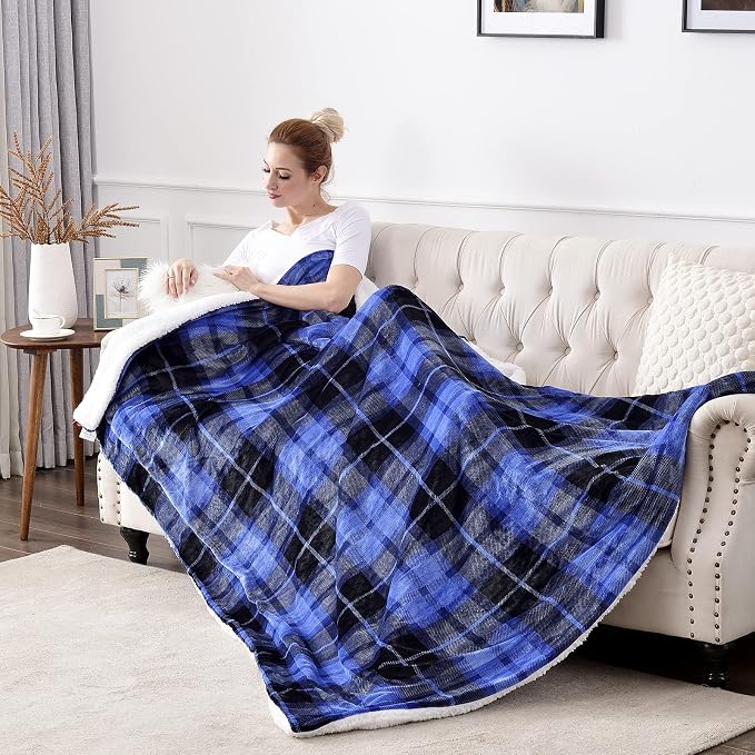 SOCHOW Sherpa Plaid Fleece Throw Blanket, 50 x 60 inches, Blue | Double-Sided Super Soft Luxurious Bedding Blanket
