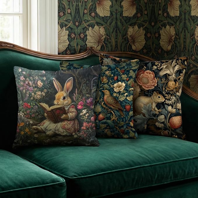 YOU FOUND ME Vintage Rabbit Flowers Decorative Throw Pillow Cover William Morris Inspired- Vintage Flower Gift Art Farmhouse Cushion Pillowcase for Sofa Couch Bed Outdoor Living Room Home Decor
