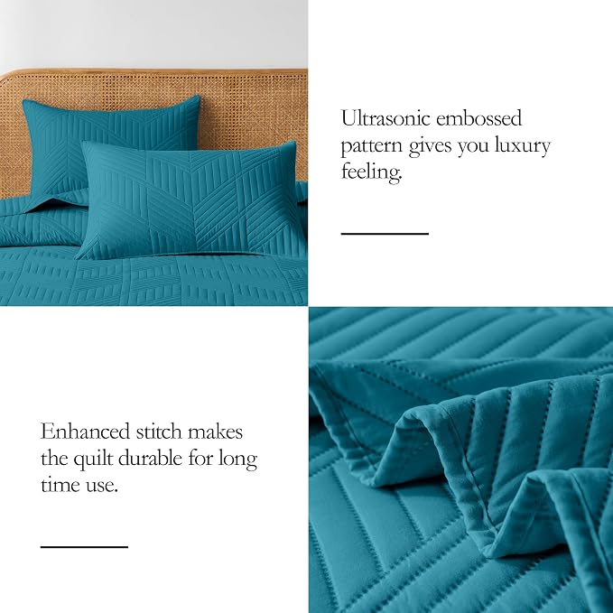Davulos Twin Quilt Set,Teal Lightweight Reversible Bedspread for All Seasons,Soft Modern Microfiber Geometric Coverlet for Dorm Room or Guest Bedroom(1 Quilt,1 Pillow Sham)