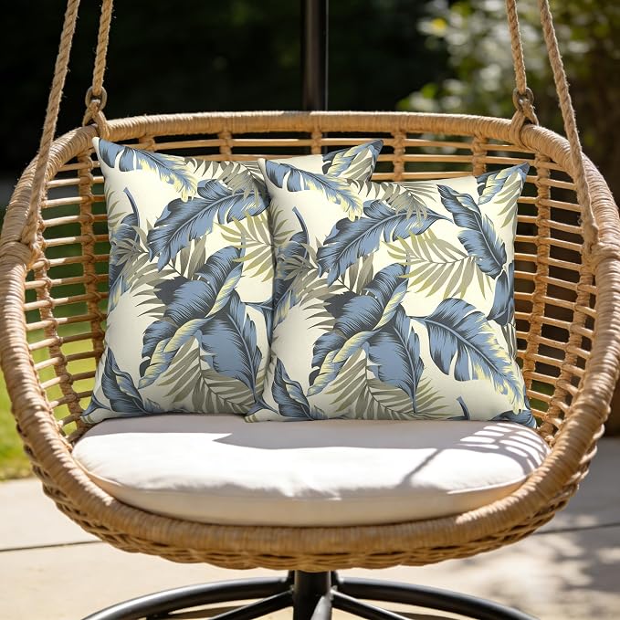 Outdoor Pillow Covers Waterproof 20x20 Inch Set of 2 Lush Palm Blue Decorative Outside Patio Furniture Cushion Cases Decor for Porch Garden