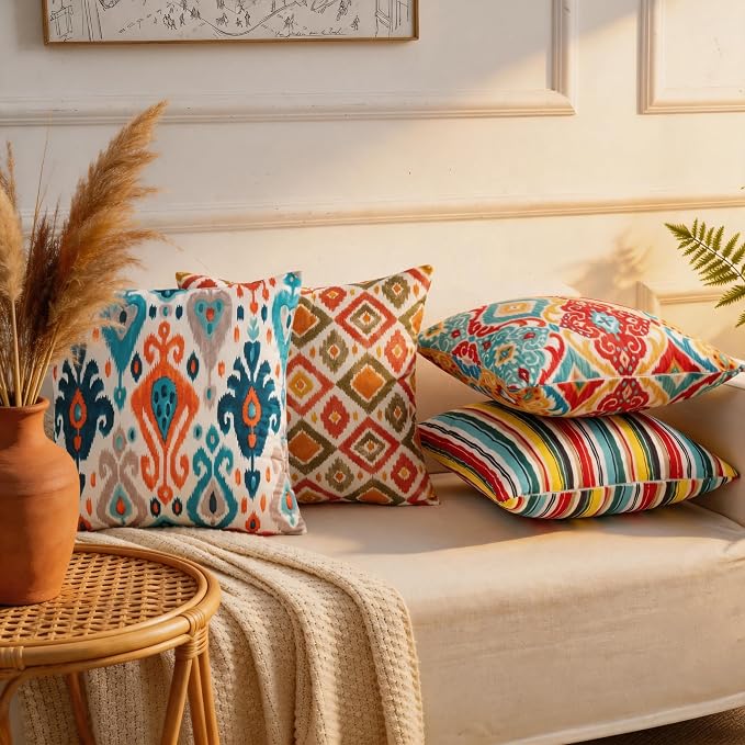 Boho Throw Pillow Covers 18x18 Set of 4 Colorful Ikat Geometric Decorative Cushion Covers with Hidden Zipper Soft Polyester Double Sided Print Machine Washable, No Inserts