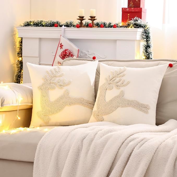 Christmas Throw Pillow Covers 18x18 Set of 2 Beige Xmas Reindeer