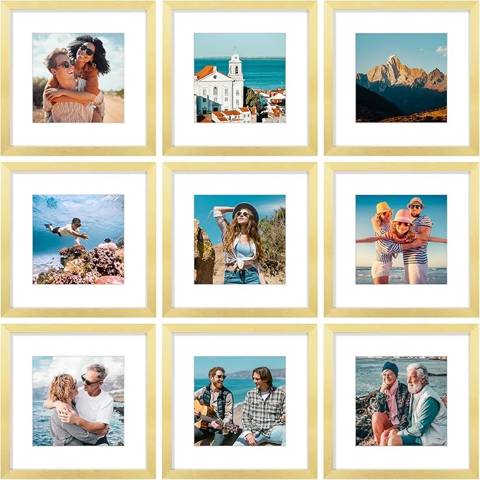 Vittanly 12x12 Picture Frames Set of 9 for Wall Mounting, Gold | Display Pictures 8x8 with Mat or 12x12 without Mat for Wall Mounting, Square Photo Frames for Home Decor, Engineered Wood