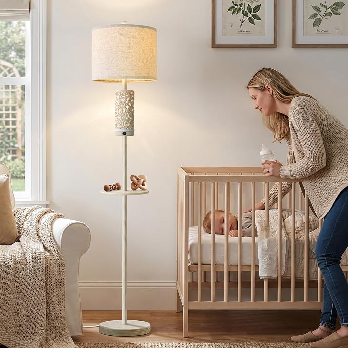 OYEARS 65" Farmhouse Floor Lamp for Living Room, Vintage Dimmable Floor Lamp with Table, Main&Night Light, Dual Switches&Remote Control, Tall Standing Lamp for Bedroom Nursery, Bulb Included, White