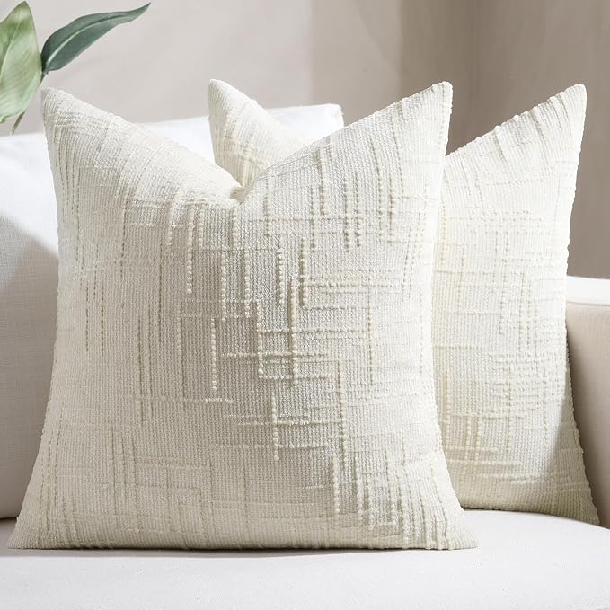 Softalker Textured Chenille Throw Pillow Covers Set of 2, 20x20 Cream Decorative Cushion Covers, Soft Cozy Slubby Texture for Modern Farmhouse Sofa Couch Bed