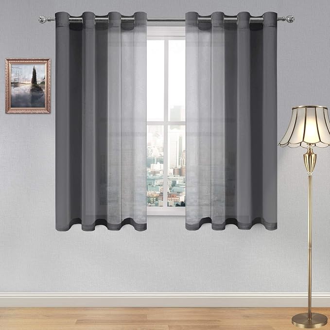 DWCN Dark Grey Sheer Curtains for Living Room Bedroom - Faux Linen Look Voile Drapes Grommet Top Window Curtain Panel 52 x 54 Inch Length, Set of 2 Panels