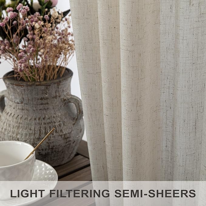 Pitalk Flax Linen Curtains 92 Inch Length 2 Panels for Living Room Dining Back Tab Pocket Pinch Pleated Look Window Curtain Drape Rustic Farmhouse Decor Beige Sheer Curtain for Bedroom 52 x 92 Long
