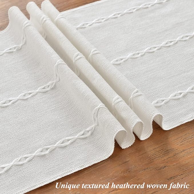 Wracra Rustic Linen Table Runner, White Table Runners 60 inches Long | Raised Embroidered Design and Hand-Tassels;Cotton Linen Woven Fabric; Farmhouse Table Runner;Home Kitchen Dining Decor