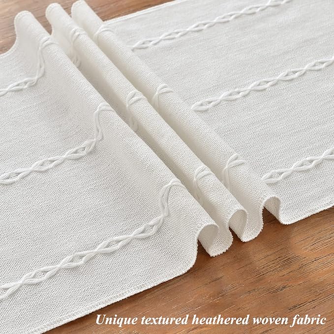 Wracra Rustic Linen Table Runner, White Table Runners 36 inches Long | Raised Embroidered Design and Hand-Tassels;Cotton Linen Woven Fabric; Farmhouse Table Runner;Home Kitchen Dining Decor