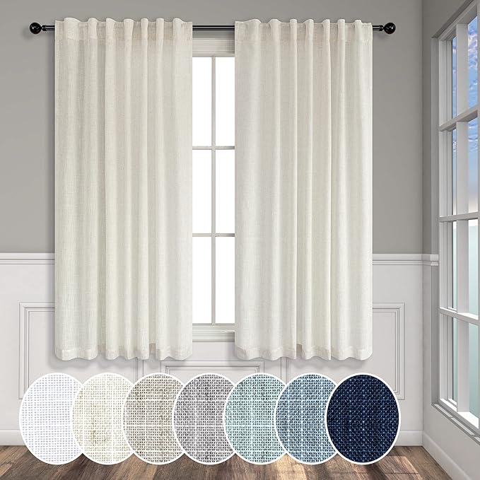 Pitalk 48 Inch Curtains for Cafe Kitchen Cream Linen Semi Sheer Short Curtains & Drapes Privacy with Light Filtering Curtain for Small Window 52 x 48 Inches Long Length 2 Panels Back Tab Ivory Colored
