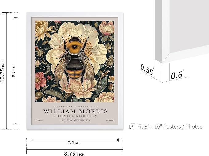 Poster Master William Morris Poster - Bumble Bee Print - Flower Art - Botanical Art - Exhibition Illustration - Animal Illustration - Floral Painting - Bee Artwork - Aesthetic Office or Bedroom Decor - 8x10 White Framed