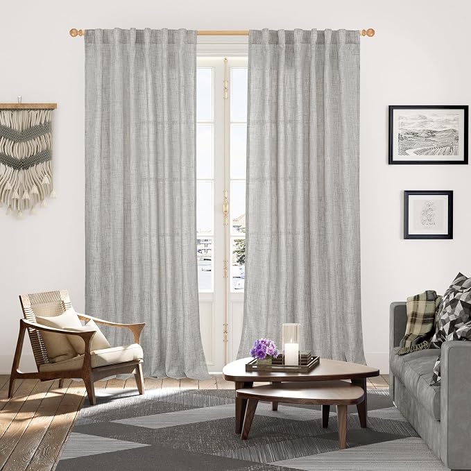 Dark Grey Linen Semi Sheer Curtains 52X95 Inch for Living Room Floor Length | Light Filtering Drapes for Dining Bedroom Window Rod Pocket Back Tab, 2 Panels Set