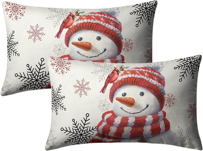 Snowman Lumbar Pillow Covers 12x20 Set of 2 Red Snowman with Cardinal Bird Snowflake Rectangle Cushion Case Christmas Winter Holiday Throw Pillowcases for Living Room Bedroom Sofa