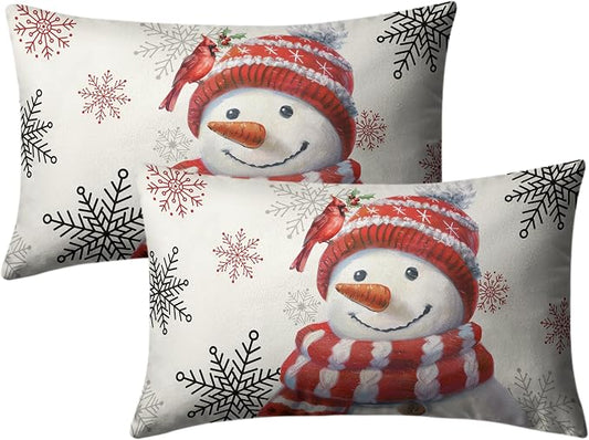 Snowman Lumbar Pillow Covers 12x20 Set of 2 Red Snowman with Cardinal Bird Snowflake Rectangle Cushion Case Christmas Winter Holiday Throw Pillowcases for Living Room Bedroom Sofa