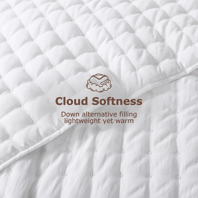 WDCOZY White Cloud Quilt Set King Size, Lightweight Soft Cross Stitch Bedspread, Farmhouse Rustic Country Coverlet, Spring Summer Thin Comforter, 3 Pieces, 2 Pillow Shams, 104x90 inches