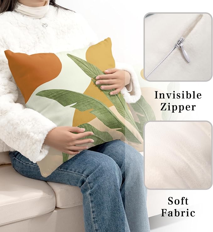Tropical Leaves Throw Pillow Covers Boho Abstract Pillow Covers Palm Leaf Decorative Square Pillow Case 24x24 for Home Decor Living Room Couch 2 Pack