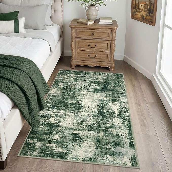 Lansny Abstract Washable Entryway Rug 3x5 Area Rug Non Slip Kitchen Rugs | Green;Thin Printed Faux Wool Door Mat;Small Rugs;Front Door Rug;Indoor Entry Rug;Rubber Backed Floor Carpet;Throw Rugs