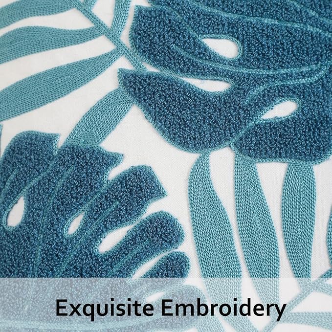 Embroidered Throw Pillow Covers 18x18 Pack of 2 Blue Botanical Leaf