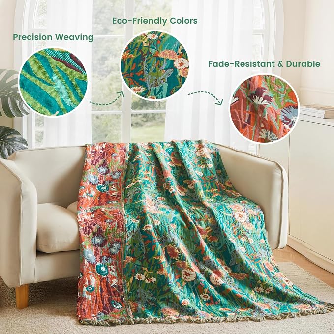 MSGKV Boho Throw Blanket 60"x80" 100% Cotton Floral Blanket for Couch Sofa | 100% Cotton Throw, Floral Pattern, Muslin Blanket, Summer Breathable, Farmhouse Home Decor, All Seasons, Machine Washable