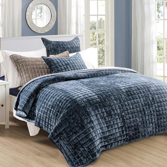RECYCO Channel Box Stitch Velvet Quilt Set, King Size, Stormy Blue | Ultra Soft Lightweight Velvet Comforter, Luxury Oversized Bedspread Coverlet, Quilted Bedding Set for All Season with 2 Shams