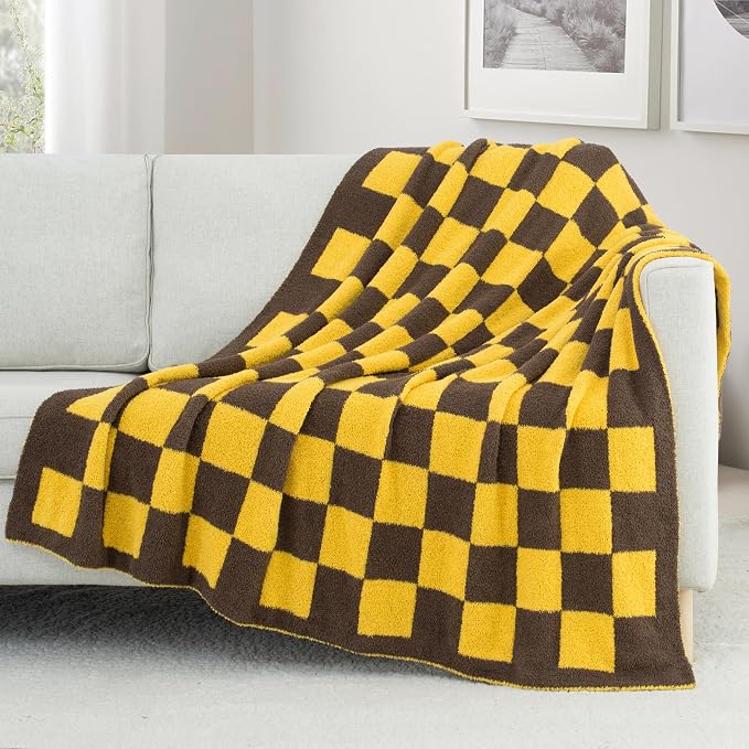 Carriediosa Checkered Throw Blanket 50x60, 400GSM Ultra Soft Microfiber | Yellow, Fuzzy Fluffy Cozy Plush Knit Knitted Plaid Checker, Lightweight Cute Preppy Fall Blankets & Throws for Couch, Bed