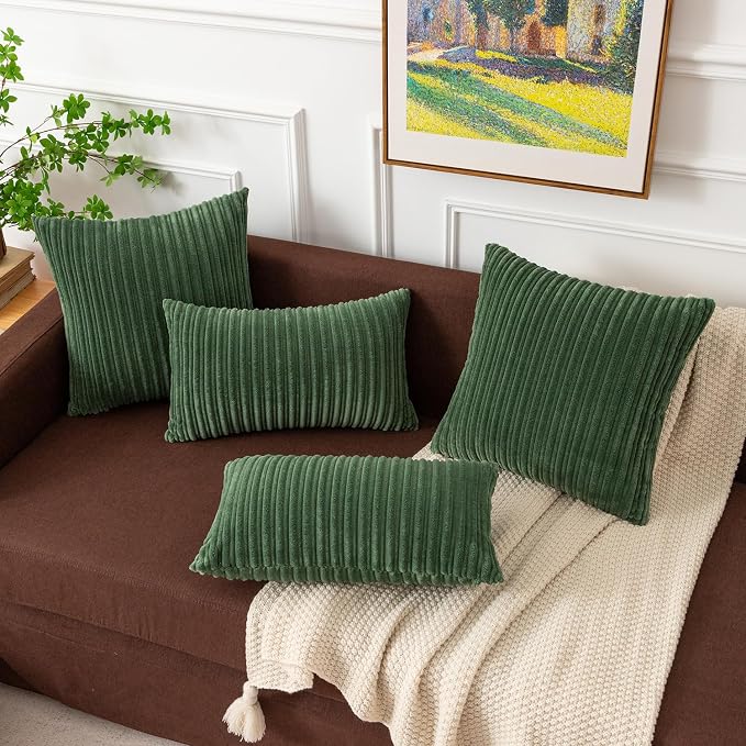 Kevin Textile Striped Corduroy 26”x26” Pillow Covers 2 Pack, Moss Green
