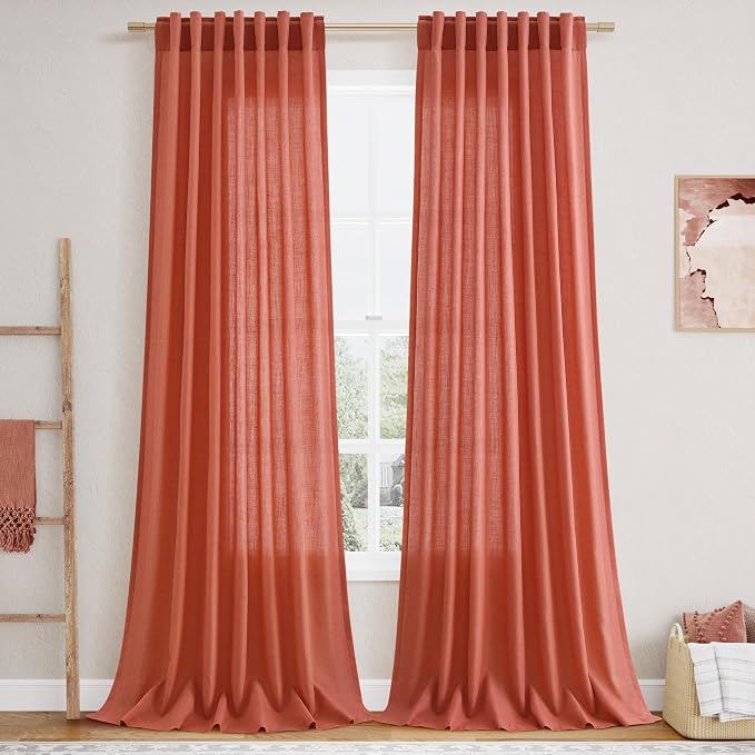 Coral Linen Curtains 108 Inches Long 2 Panels Set Back Tab Loop Pocket Light Filtering Semi Sheer Boho Large Window Decor Extra Long Drapes for High Ceiling Living Room 52x108