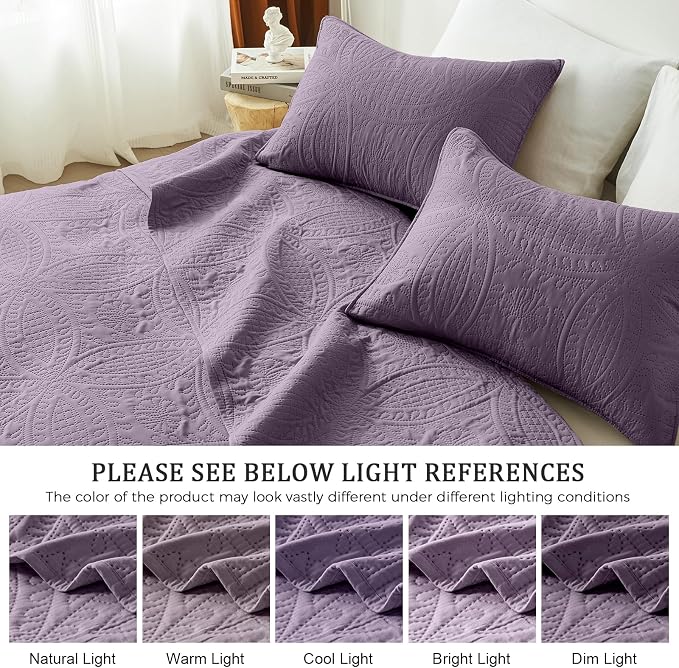akkialla 118"x106" Grayish Purple California King Quilt Set, Oversized Floor-Length Bedspread, Modern Coin Pattern Microfiber Coverlet, 3-Piece All Season Bedding with 2 Pillow Shams