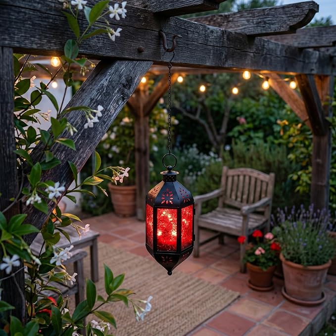 Vela Lanterns Hanging Moroccan Lantern with LED Twinkle Fairy Lights - Exotic Decorative Patio & Porch Decor, Indoor Outdoor Candle Lamp Holder with Chain (13" Large, Red Glass)