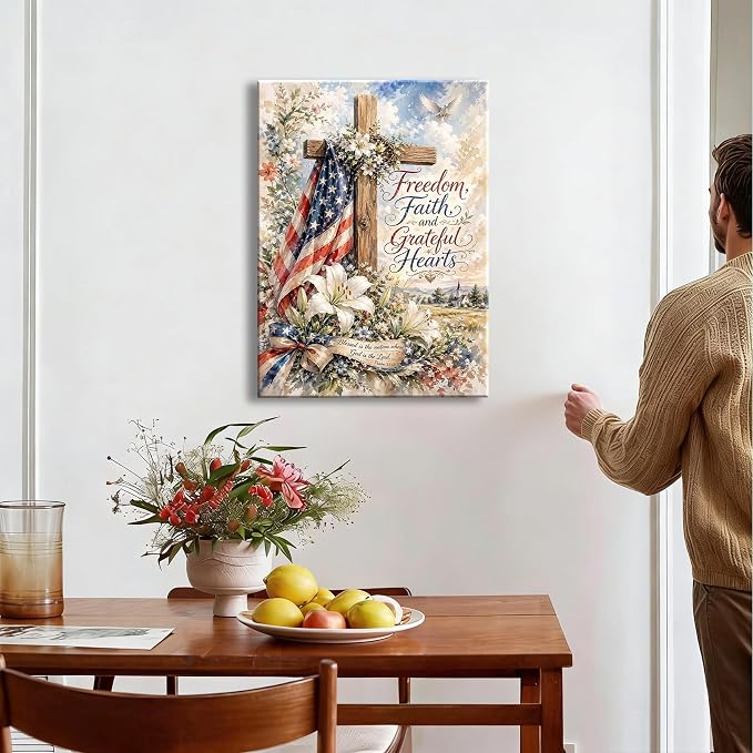 RIBNTAK 4th of July Wall Art Canvas Prints Pictures Patriotic Christian Artwork American Flag Cross Decor Faith Freedom Religious Canvas Art for Living Room Bedroom Office Farmhouse Home Decorations